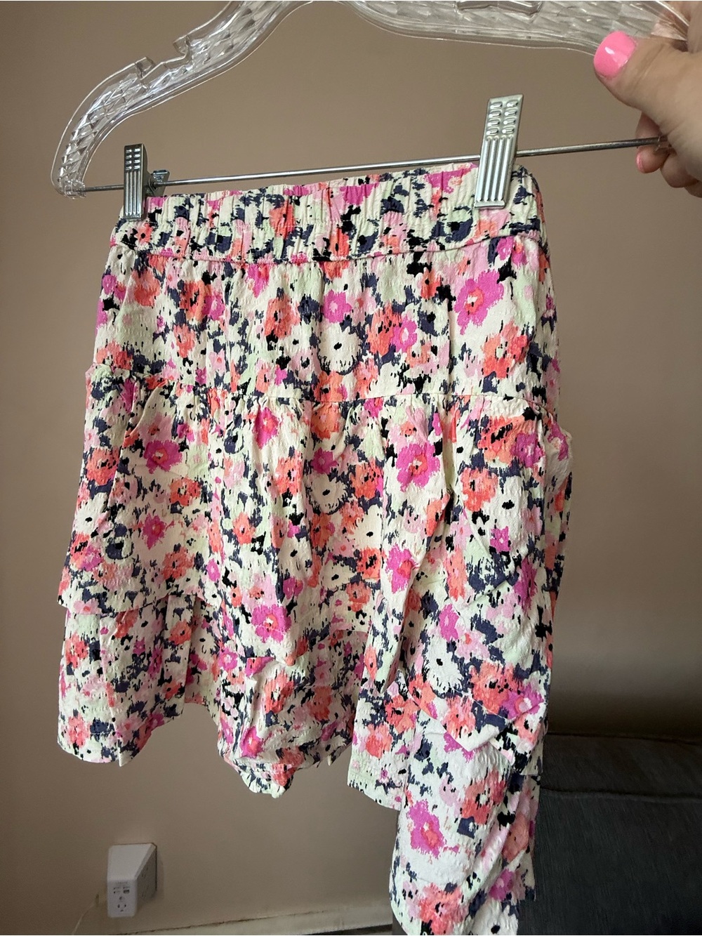Floral Tiered Mini Skirt in Cream with Pink & Coral Flowers